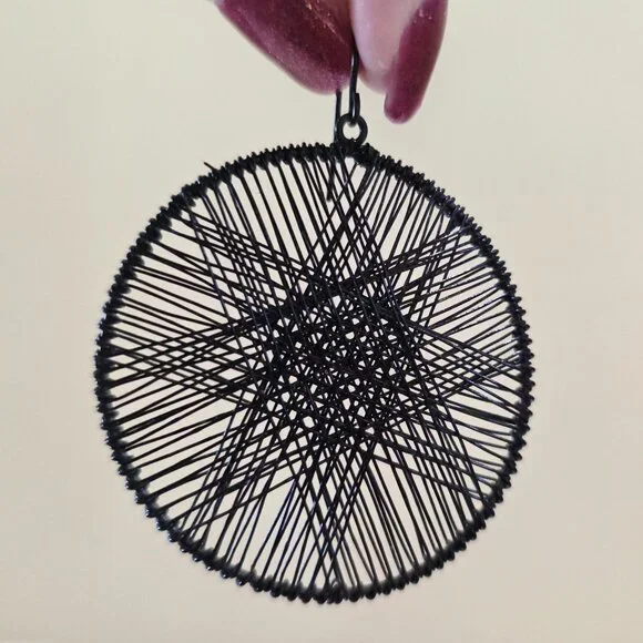 Black Round Woven Star Black Wire Dangle Hoop Pierced French Hook Earrings - Picture 2 of 9